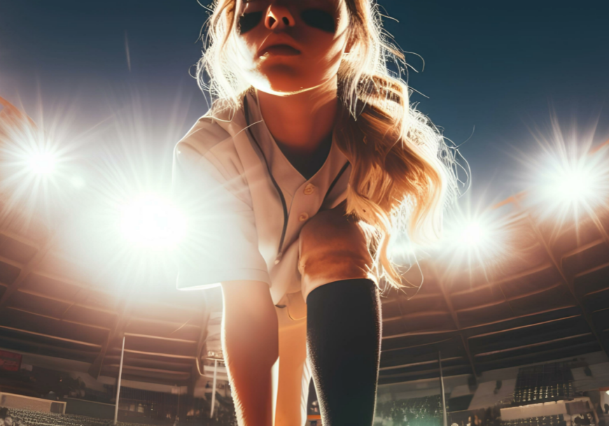 girl on slow pitch softball field at night
